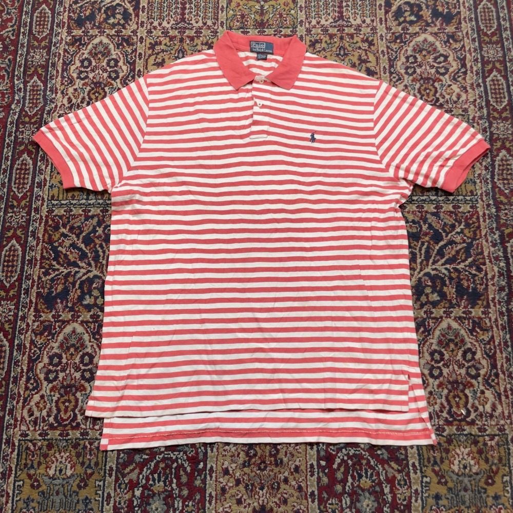 VTG 90s Polo Ralph Lauren Red White Nautical Striped Pique Polo Shirt L Sailor
